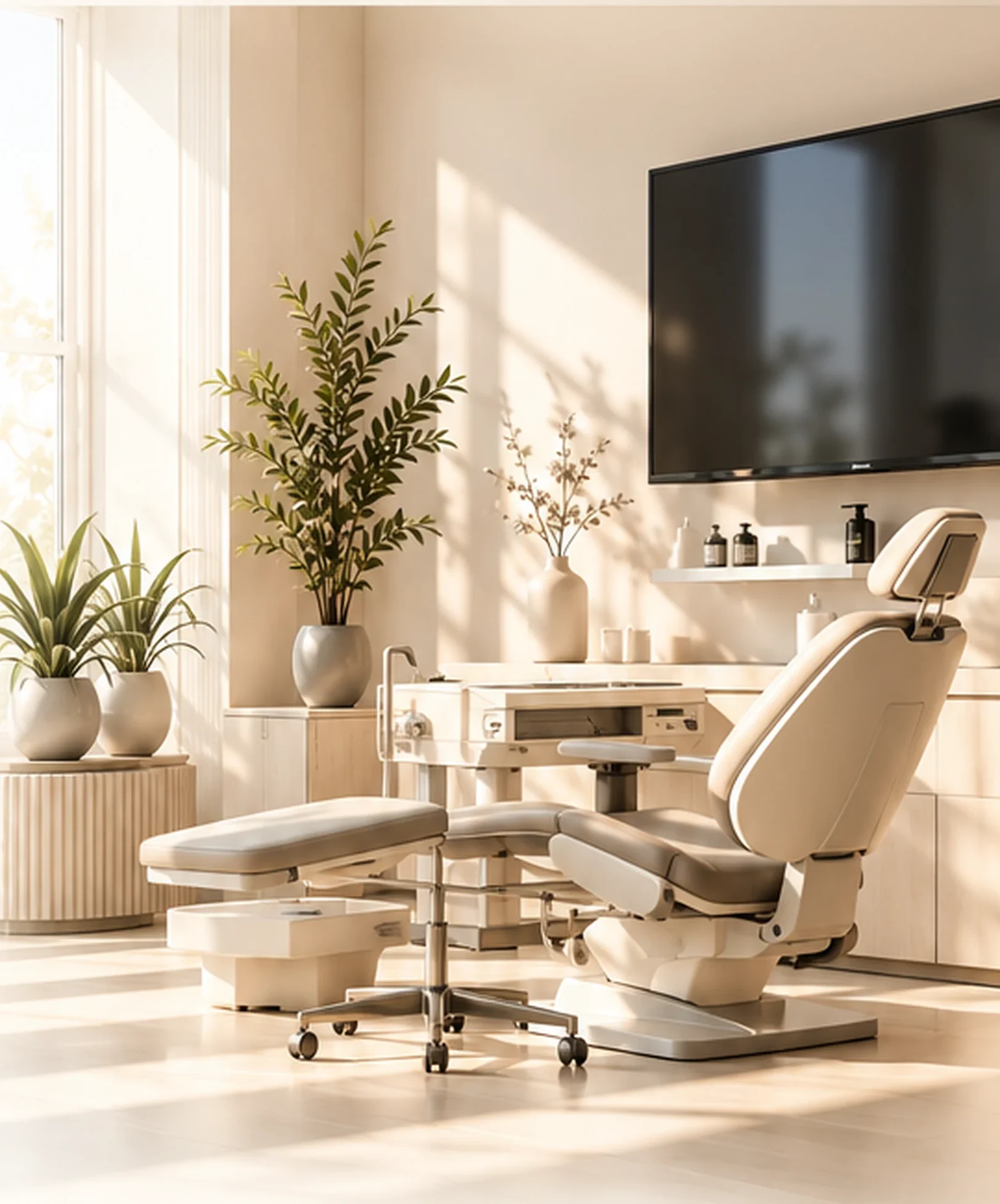A bright, modern dental treatment room with a dental chair and plants