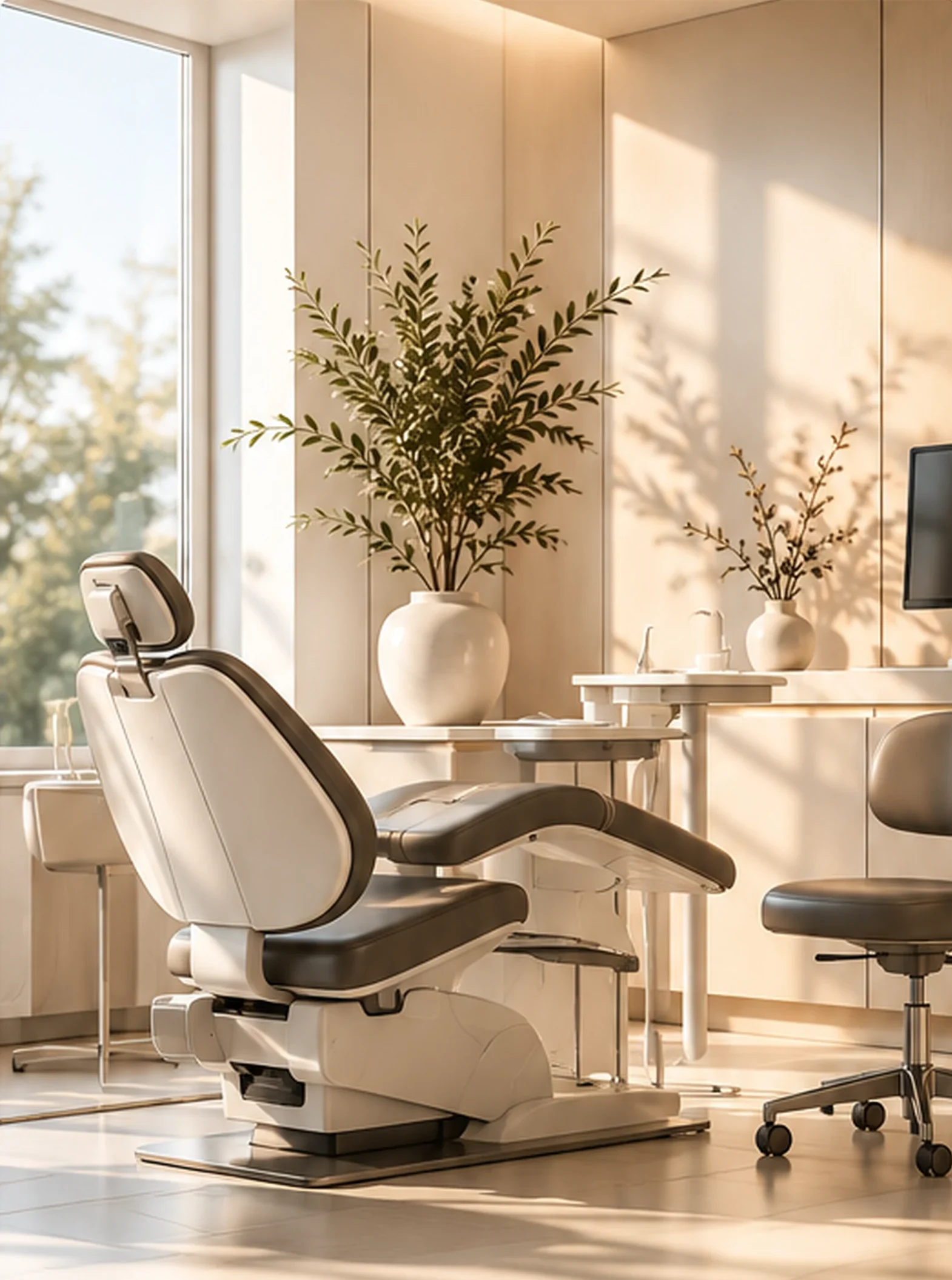 A dental chair in a bright treatment room with plants by the window