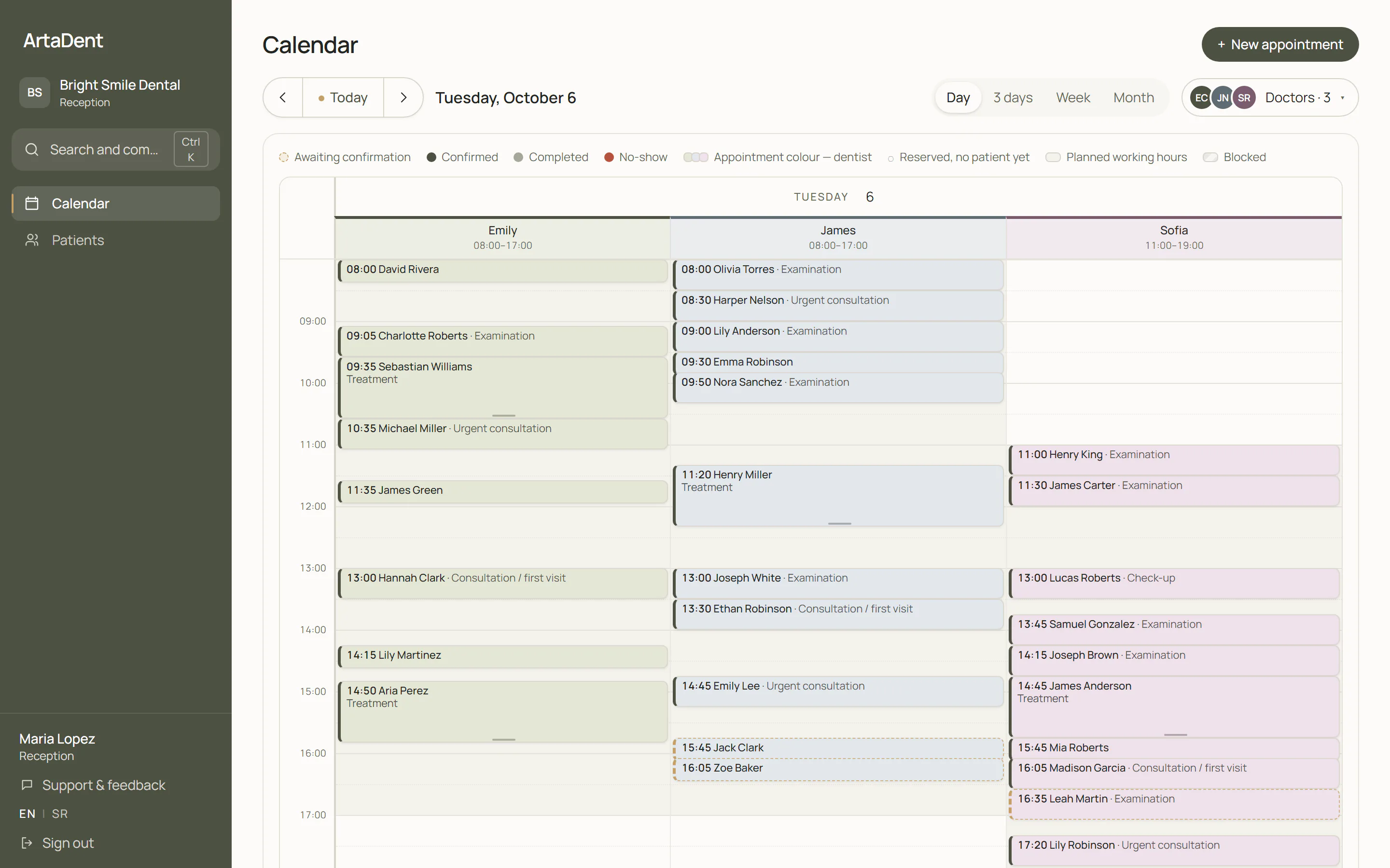The ArtaDent calendar: the day’s appointments for three dentists